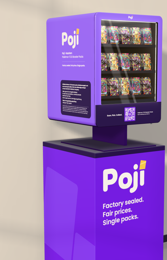 Impressie van de Poji automaat: een paarse verkoopautomaat met losse booster packs achter glas en een QR-code om te scannen